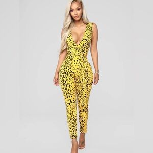 NWT Fashion Nova Yellow Leopard Print Jumpsuit Small